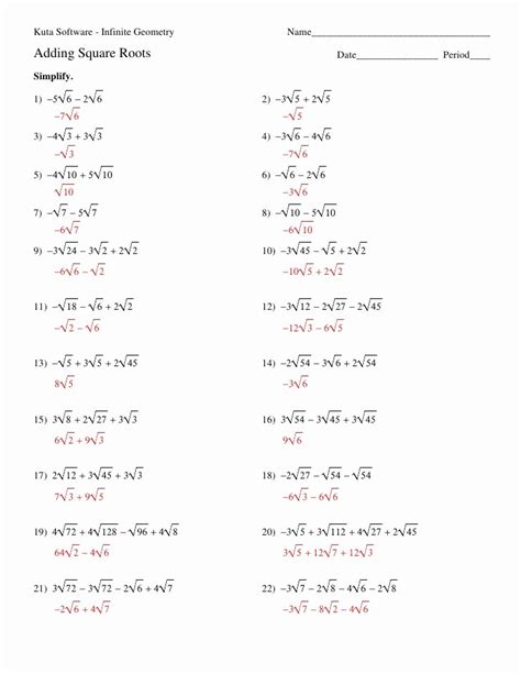 simplify square root expressions with variables worksheet